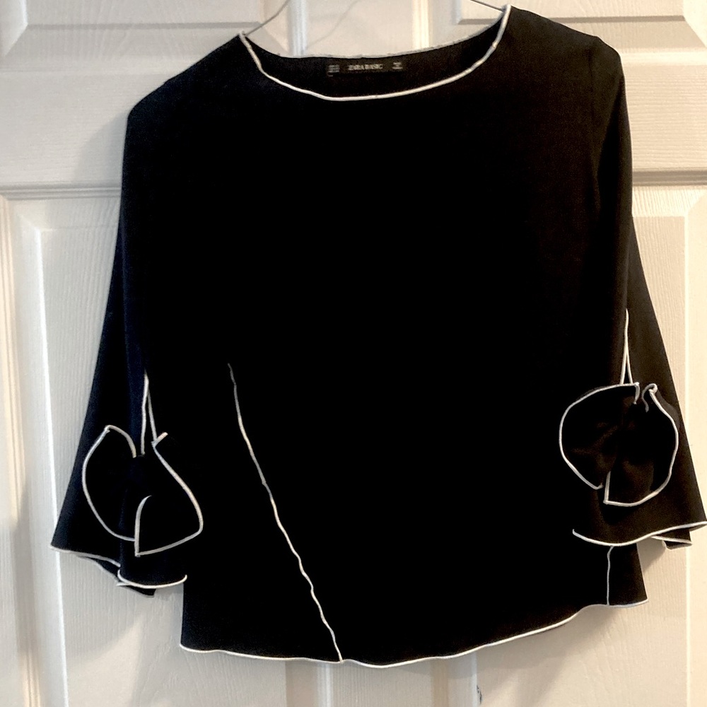 Zara Basic Navy White Blouse Bow sleeve shirt